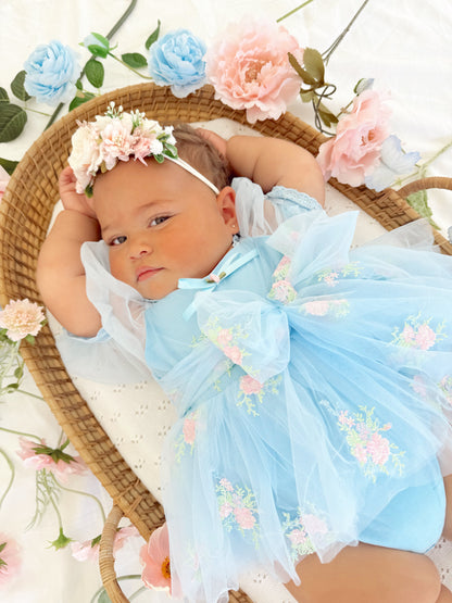 Afina Blue Embroidered Baby Girl Tulle Party Romper