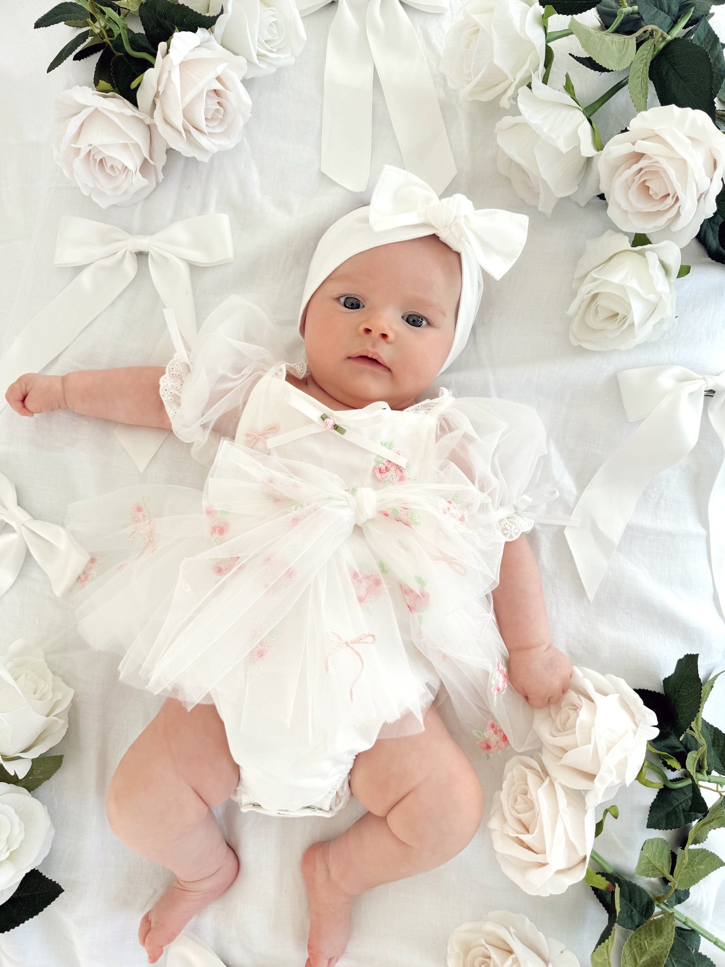 Fleur Butterfly Embroidered Baby Girl White Tulle Party Romper