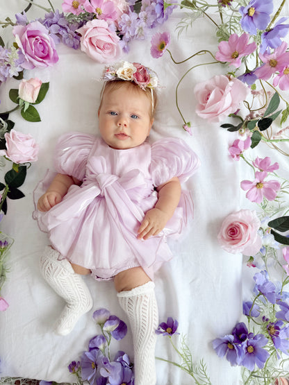 Scarlette Rose Purple Pearl Organza Baby Girl Party Romper