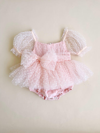 Swiss Dot Pink Rose Flower Fairy Baby Girl Tulle Party Romper