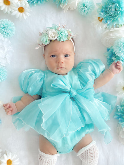 Dolly Turquoise Sky Organza Baby Girl Blue Party Romper