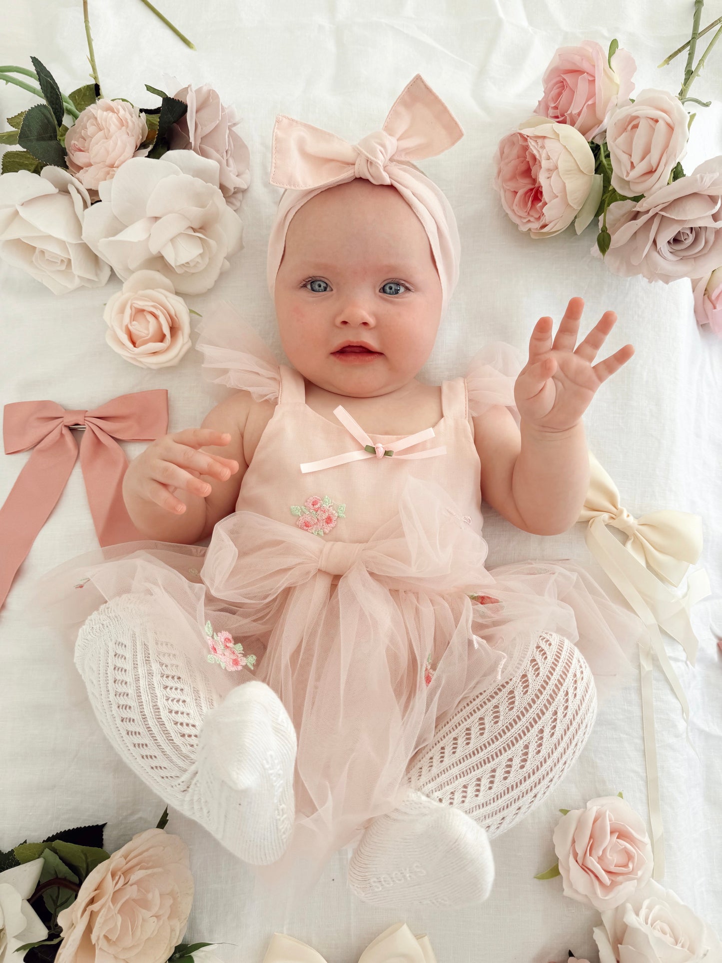 Belle Bow Perfect Pink Embroidered Baby Girl Tulle Party Romper