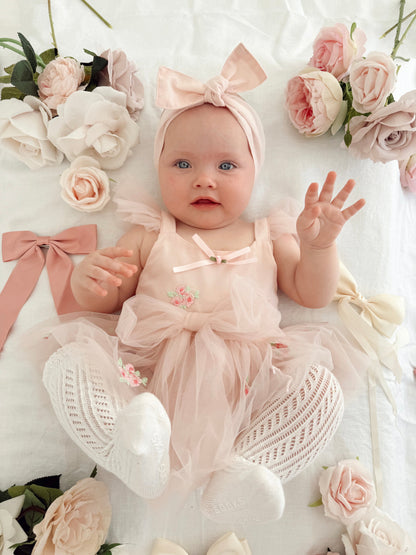 Belle Bow Perfect Pink Embroidered Baby Girl Tulle Party Romper
