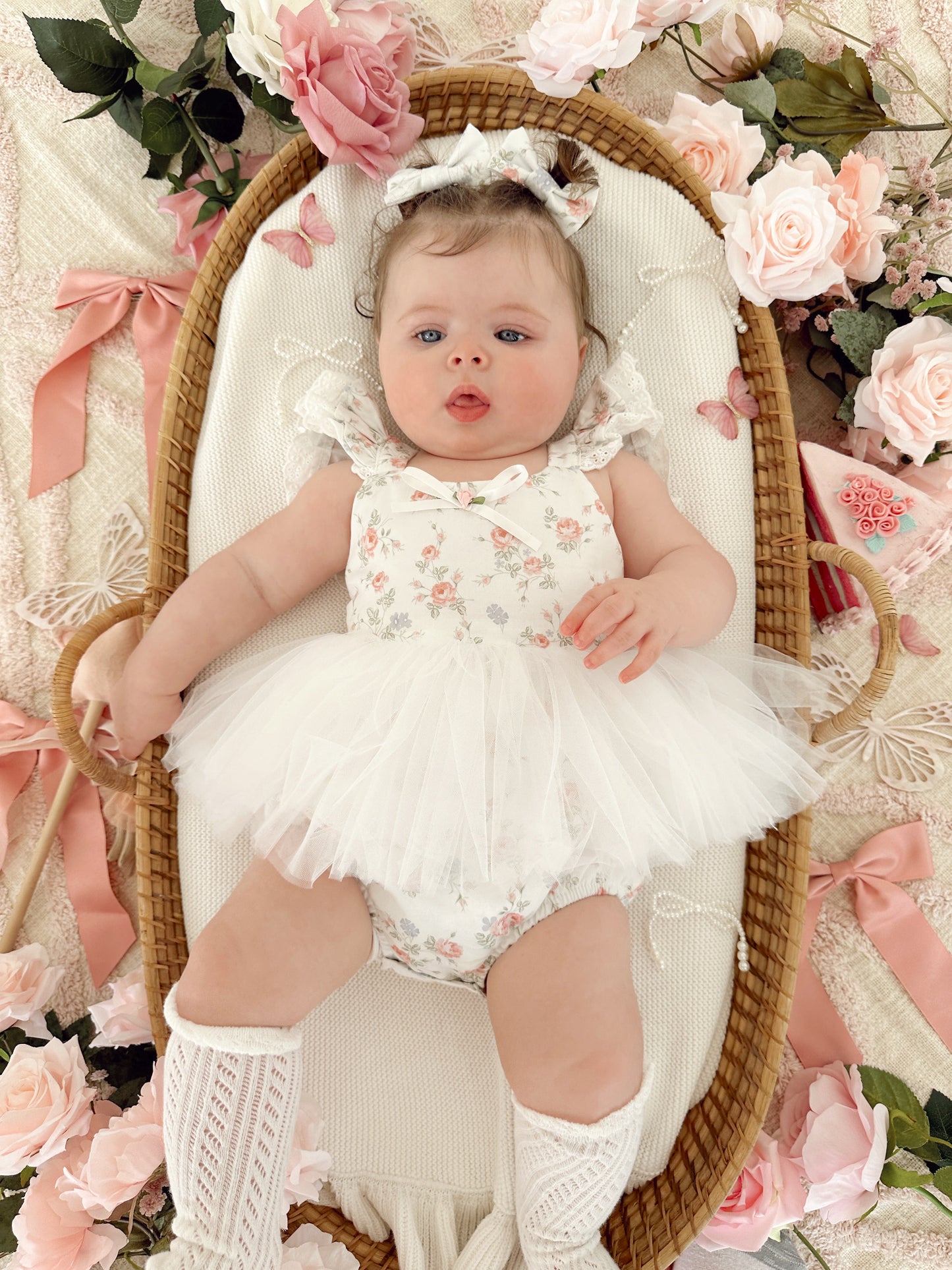 Cottage Fairy Baby Girl Floral White Tulle Party Romper