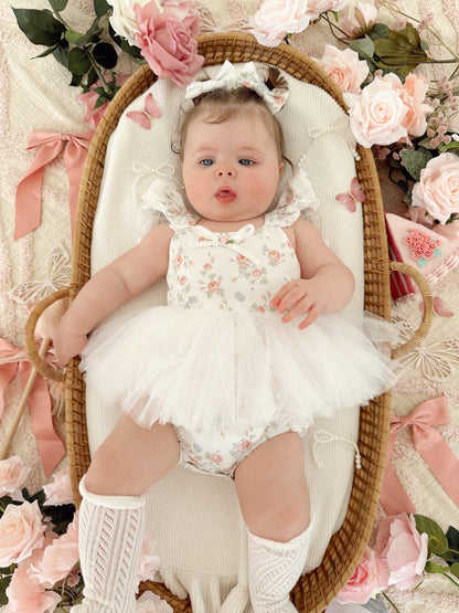 Cottage Fairy Baby Girl Floral White Tulle Party Romper