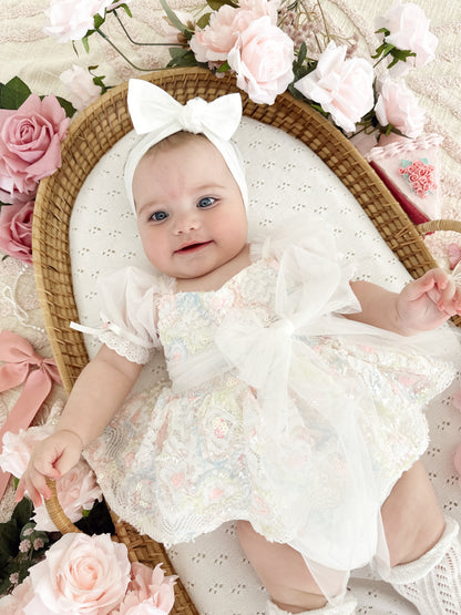 Josephine Lace Blossom Baby Girl Sequin White Tulle Party Romper