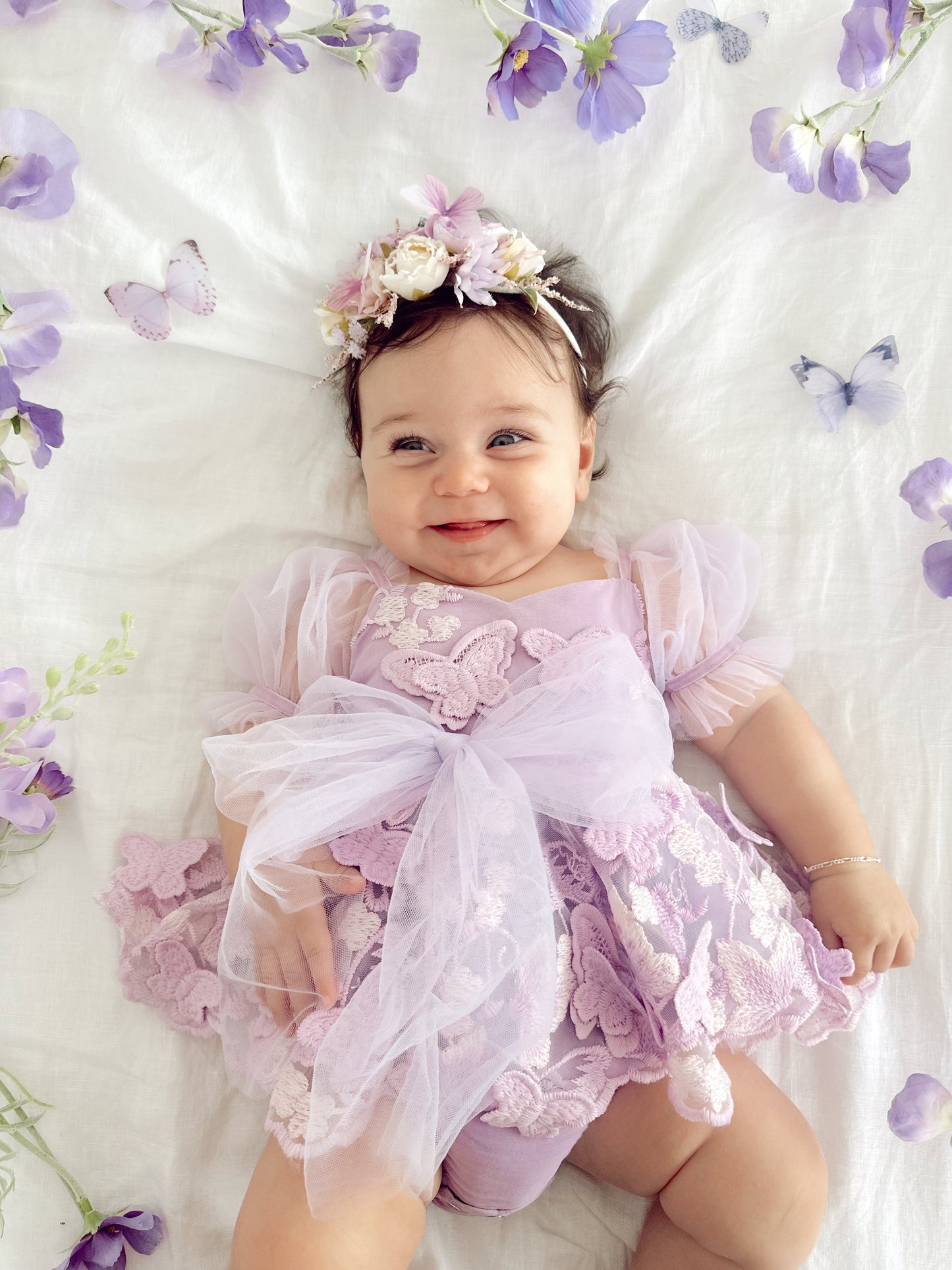 Butterfly Kisses Lilac Pink Rose Embroidered Baby Girl Tulle Party Romper