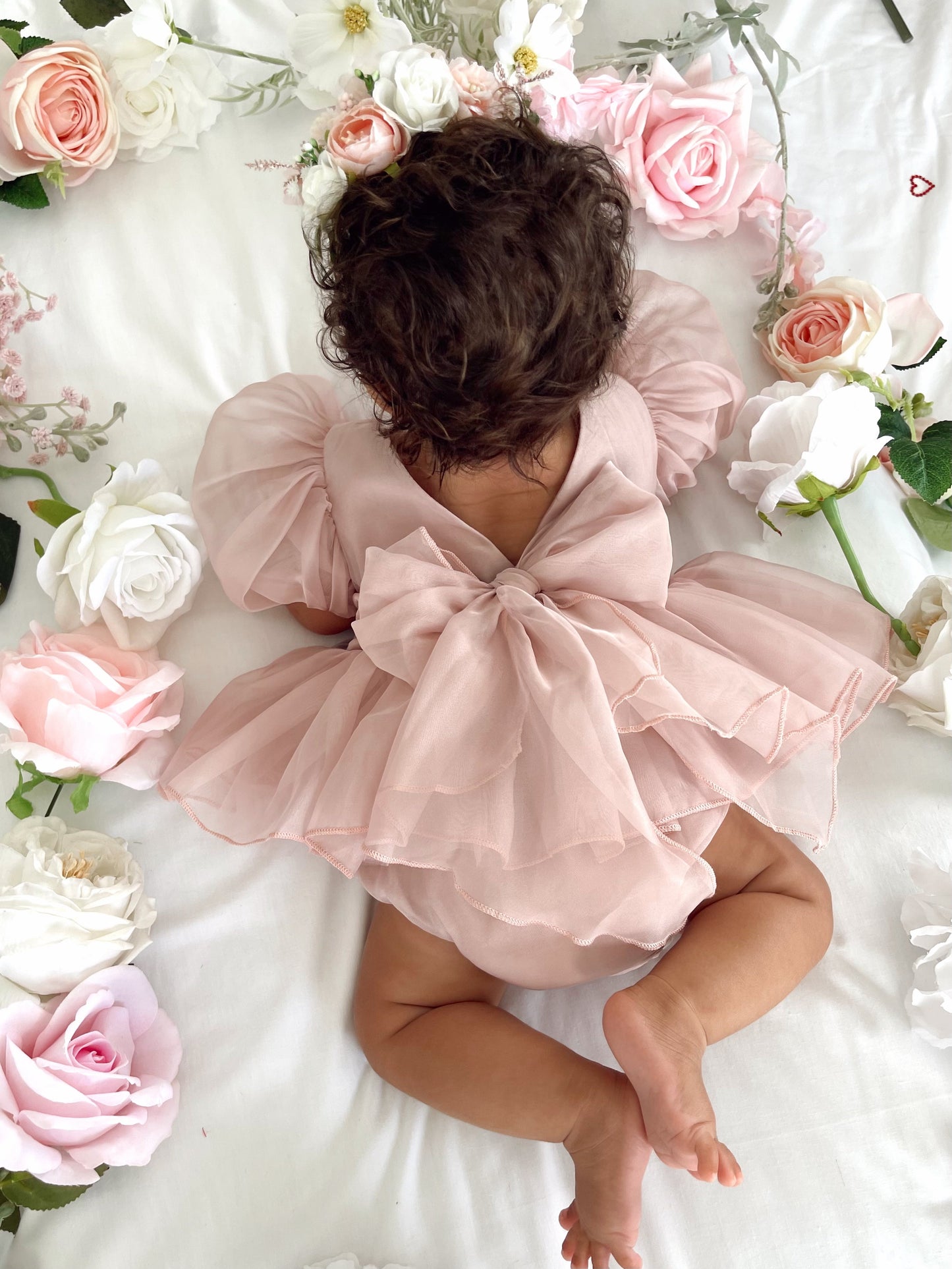 Clementine Matte Blush Rose Pink Organza Baby Girl Romper