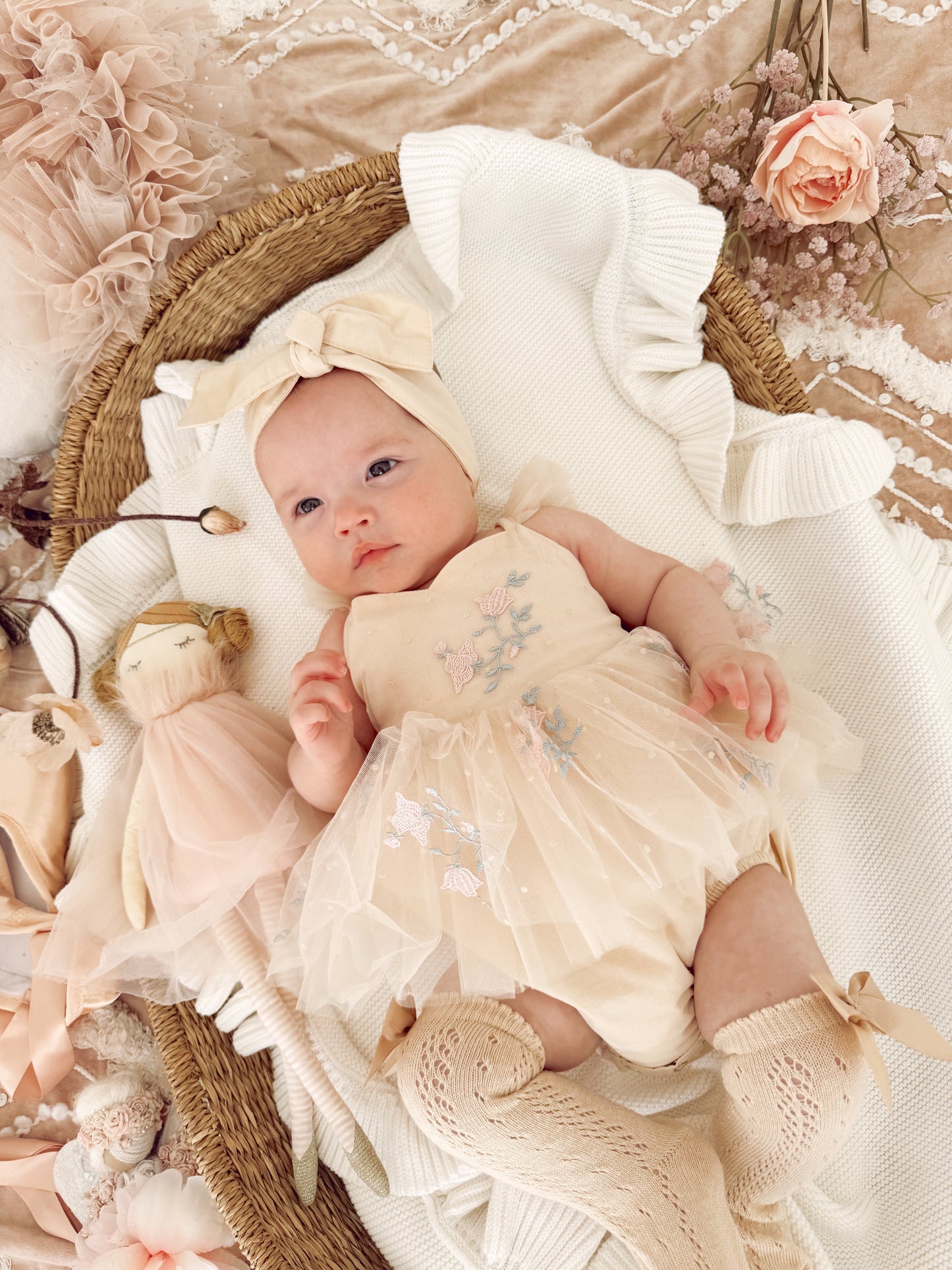 The Rose Champagne Embroidered Baby Girl Tulle Party Romper