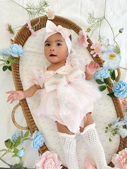 Peony Bloom Petal Pink Embroidered Baby Girl Tulle Party Romper