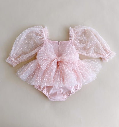 Swiss Dot Bloom Pink Rose Baby Girl Tulle Party Romper