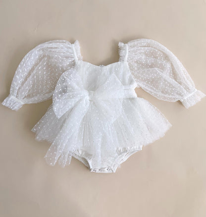 Swiss Dot Bloom White Baby Girl Tulle Romper