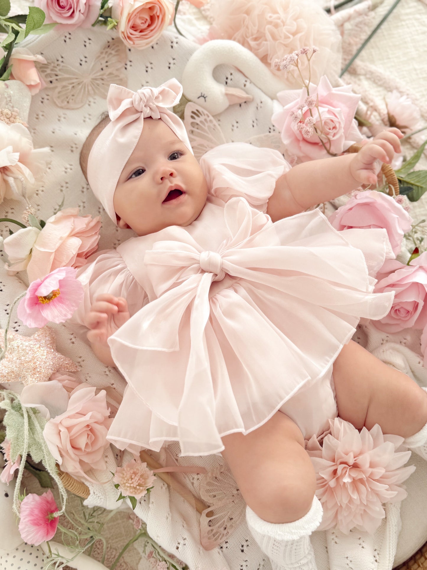 Scarlette Rose Petal Pink Organza Baby Girl Party Romper
