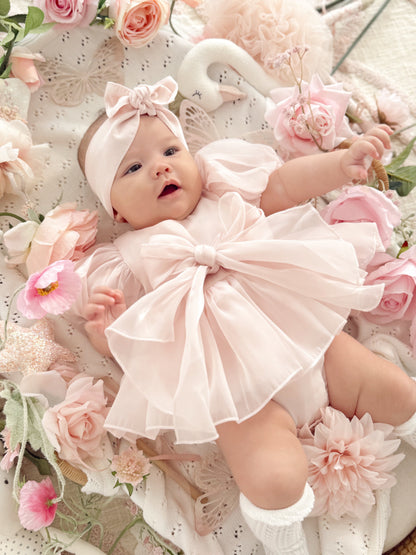 Scarlette Rose Petal Pink Organza Baby Girl Party Romper