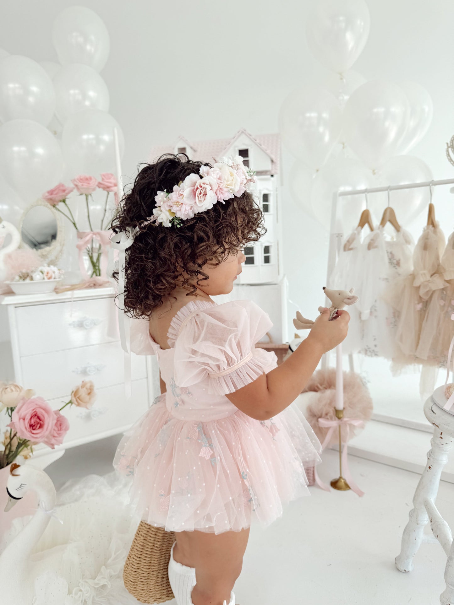 Swan Lake Ballerina Pink Embroidered Baby Girl Tulle Party Romper