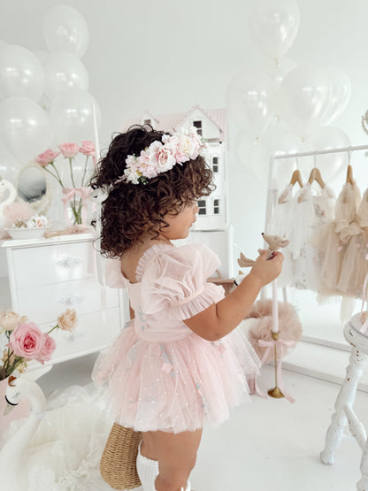 Swan Lake Ballerina Pink Embroidered Baby Girl Tulle Party Romper
