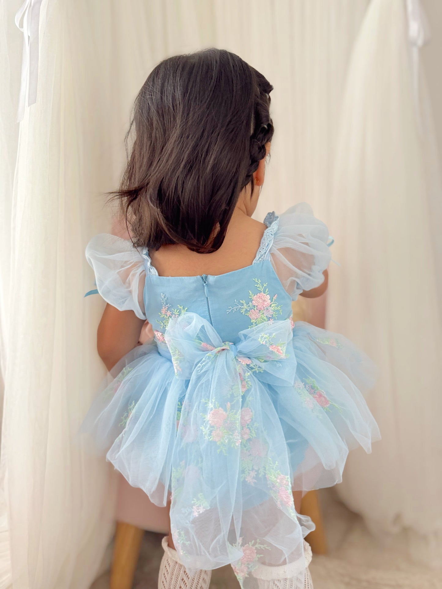 Afina Blue Embroidered Baby Girl Tulle Party Romper