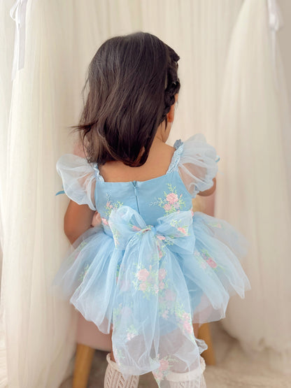 Afina Blue Embroidered Baby Girl Tulle Party Romper