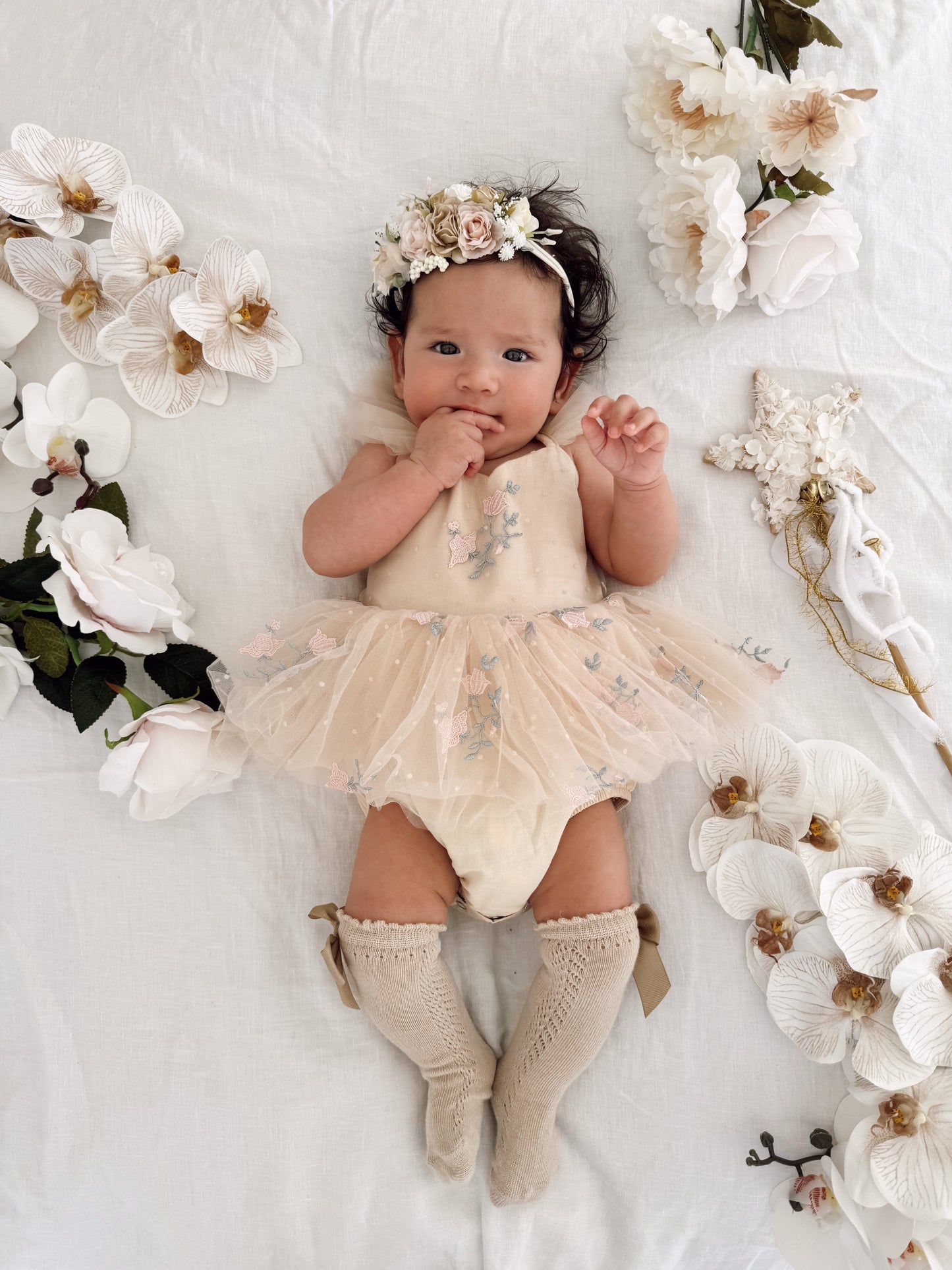 The Rose Champagne Embroidered Baby Girl Tulle Party Romper