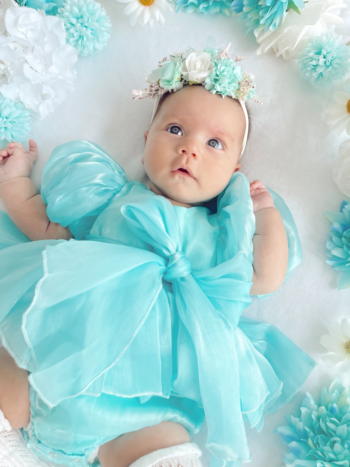 Dolly Turquoise Sky Organza Baby Girl Blue Party Romper