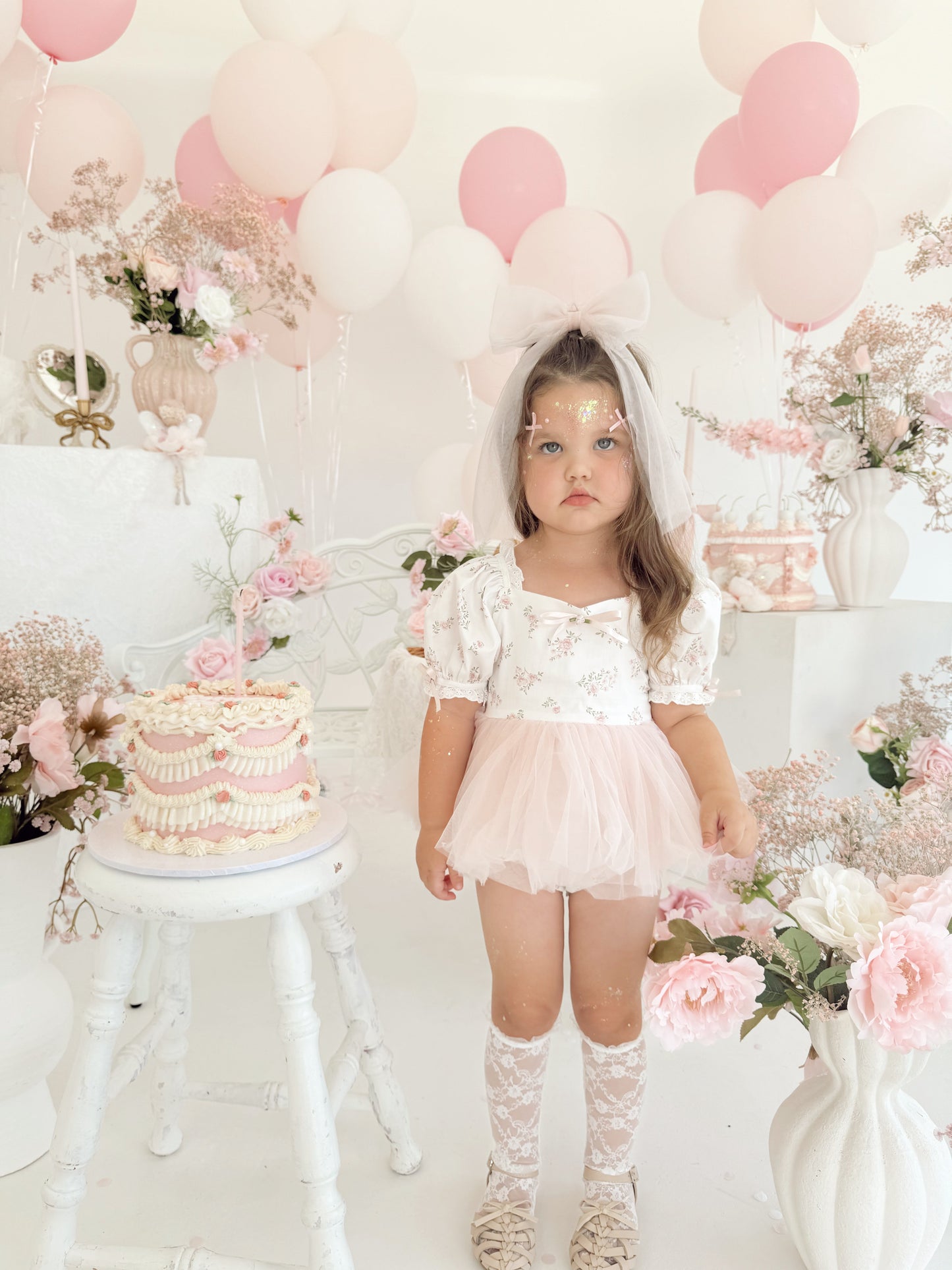 Odessa Flower Perfect Pink Floral Baby Girl Tulle Party Romper