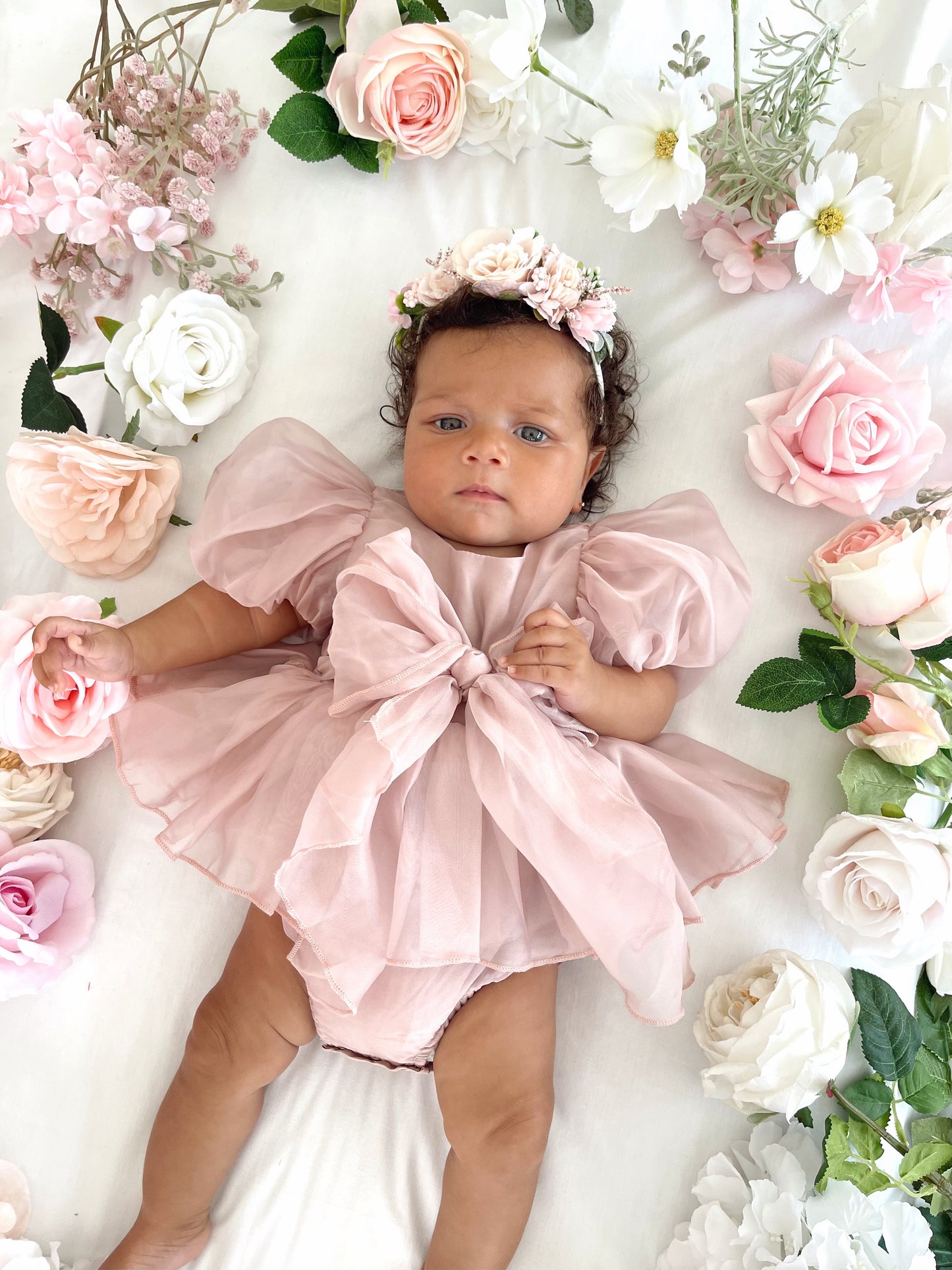 Clementine Matte Blush Rose Pink Organza Baby Girl Romper