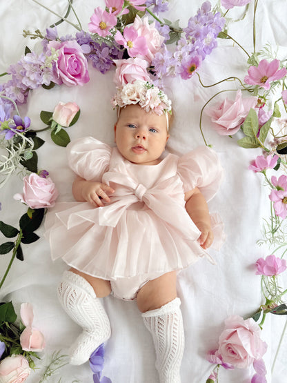 Scarlette Rose Petal Pink Organza Baby Girl Party Romper