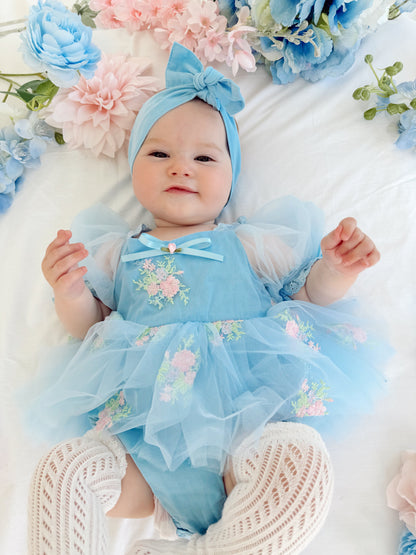 Afina Blue Embroidered Baby Girl Tulle Party Romper