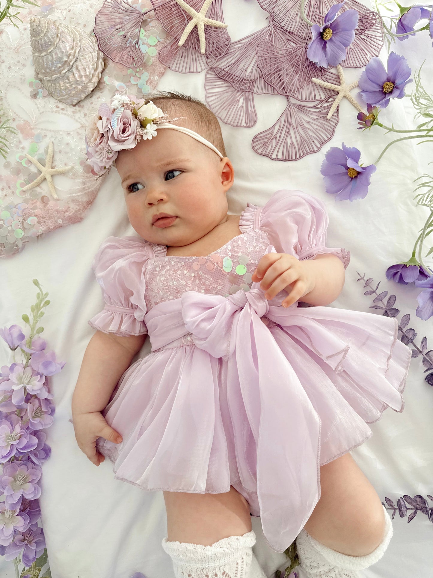 Ariel Purple Pearl Organza Sequin Baby Girl Party Romper