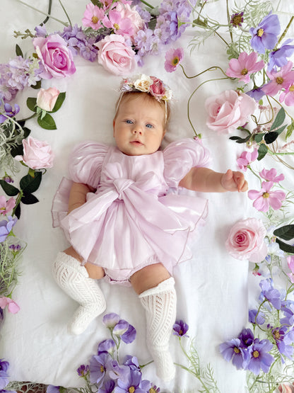 Scarlette Rose Purple Pearl Organza Baby Girl Party Romper