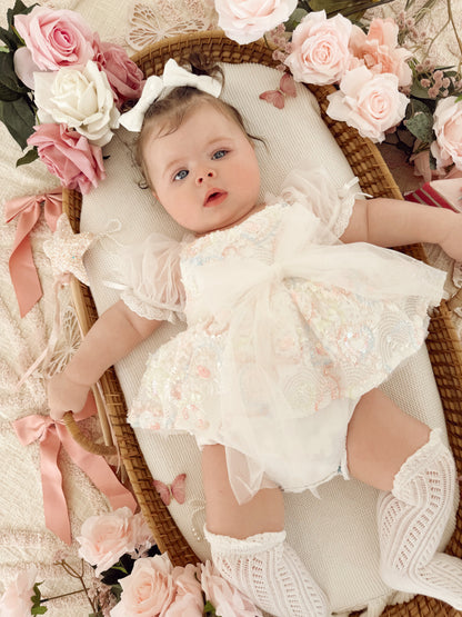 Josephine Lace Blossom Baby Girl Sequin White Tulle Party Romper
