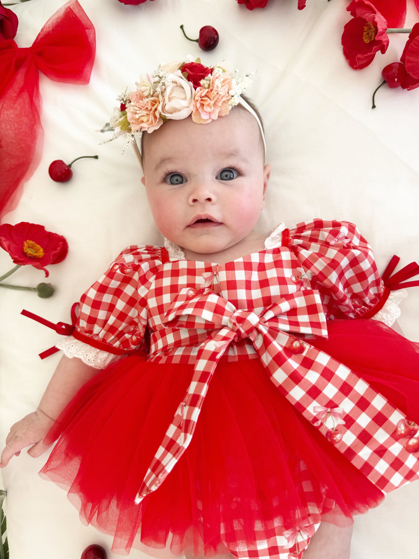 Cherry Lane Red Gingham Baby Girl Tulle Party Romper