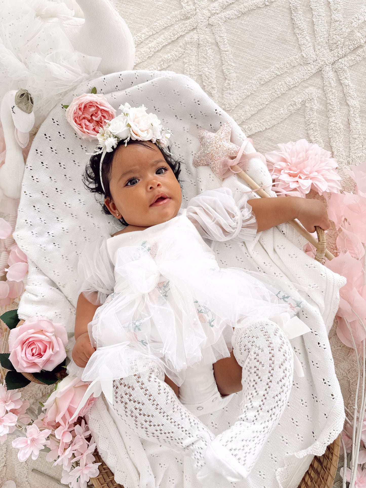 Swan Lake White Embroidered Baby Girl Tulle Party Romper