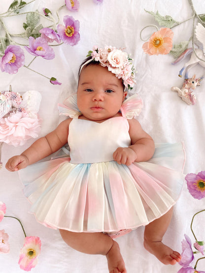 Lolly Pastel Rainbow Organza Baby Girl Party Romper
