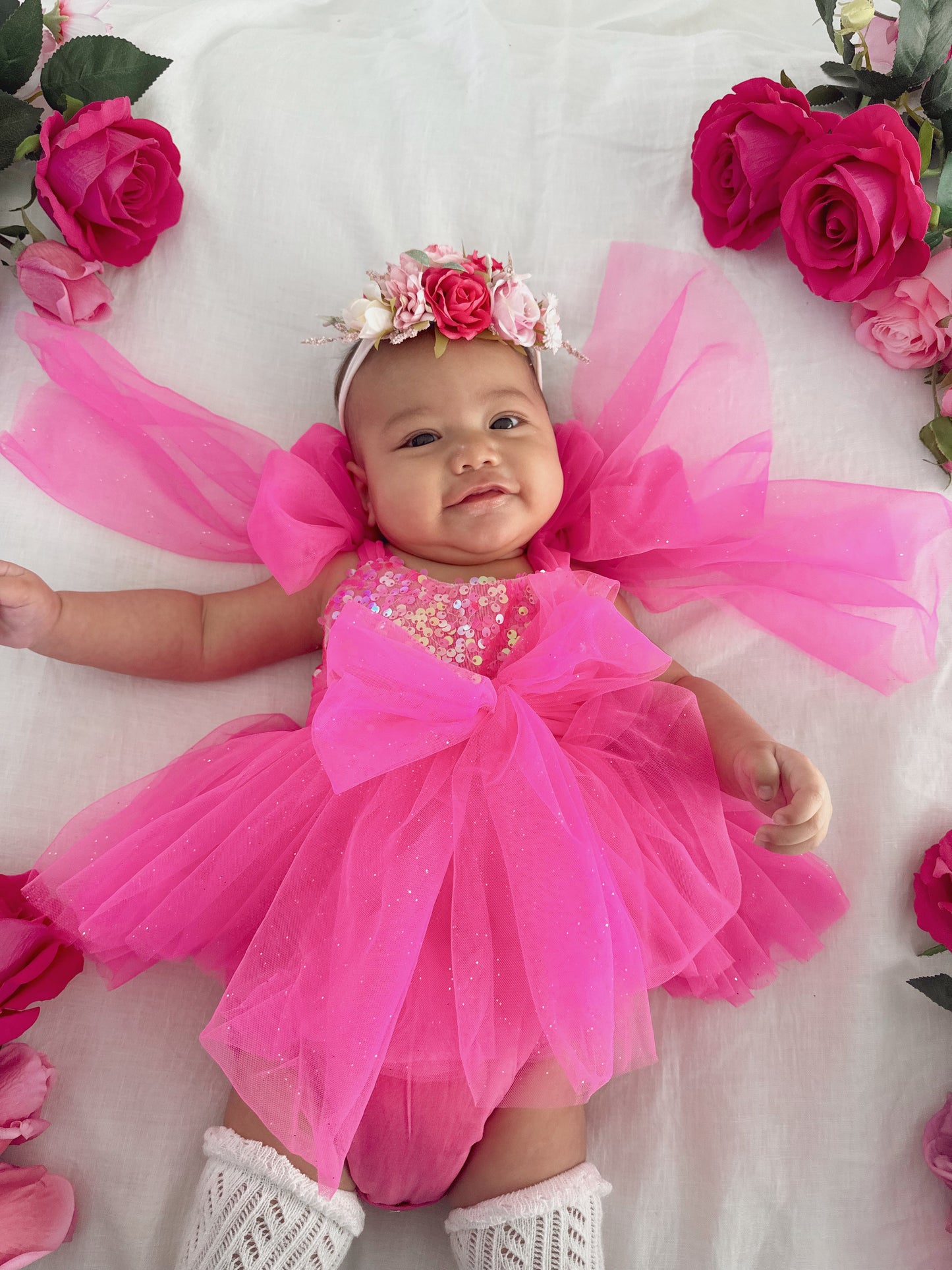 Theodora Fuchsia Pink Sequin Baby Girl Tulle Party Romper