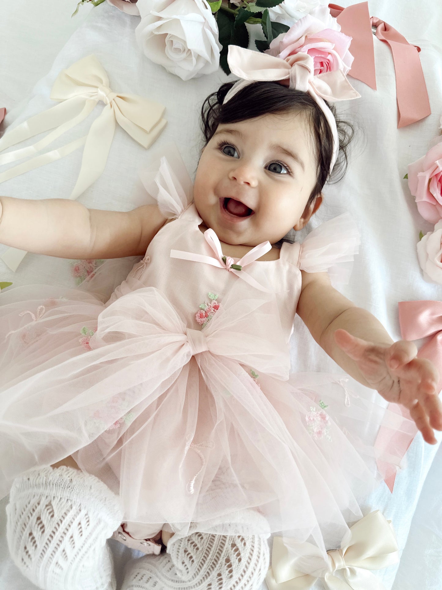 Belle Bow Perfect Pink Embroidered Baby Girl Tulle Party Romper