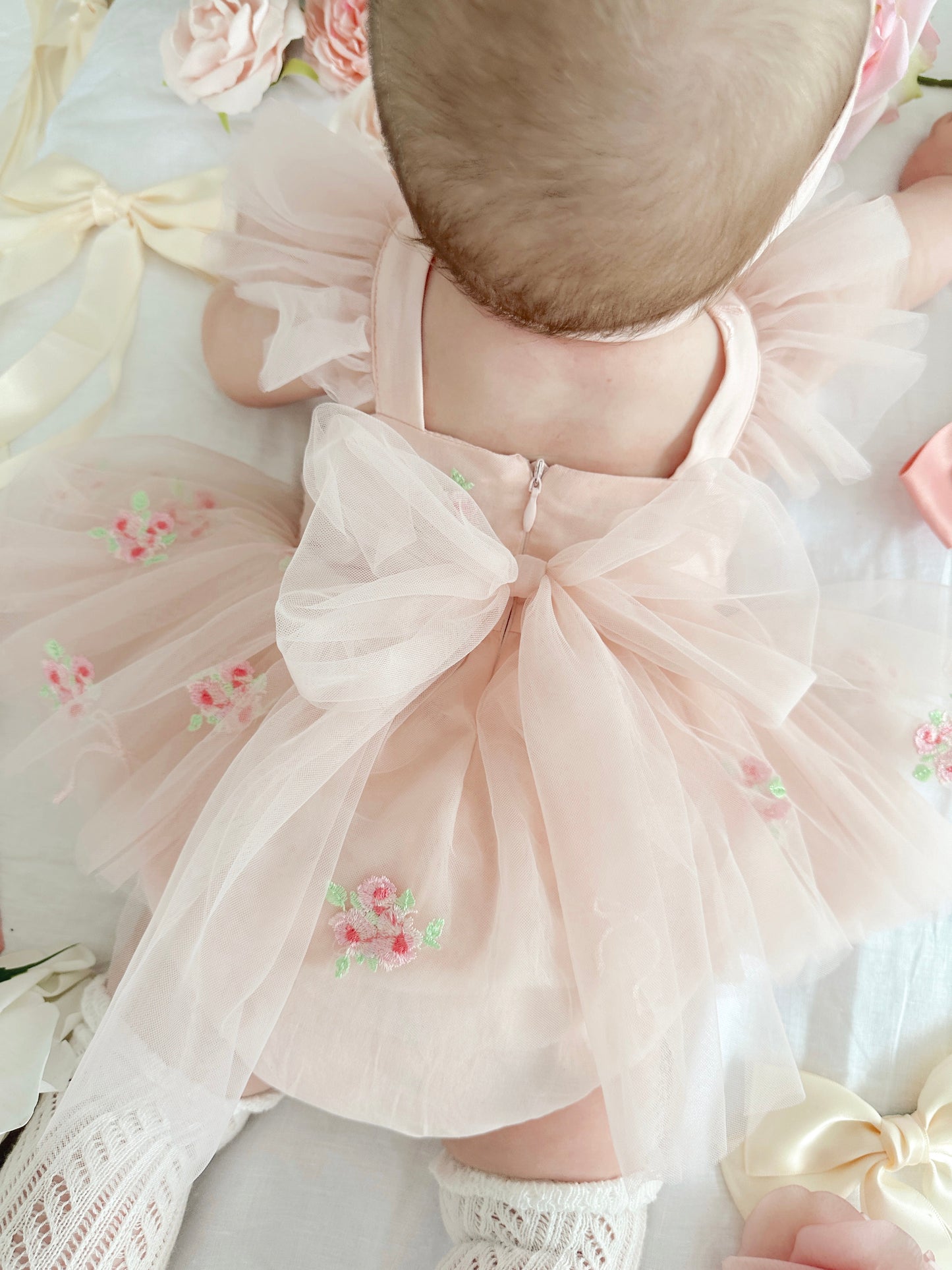 Belle Bow Perfect Pink Embroidered Baby Girl Tulle Party Romper