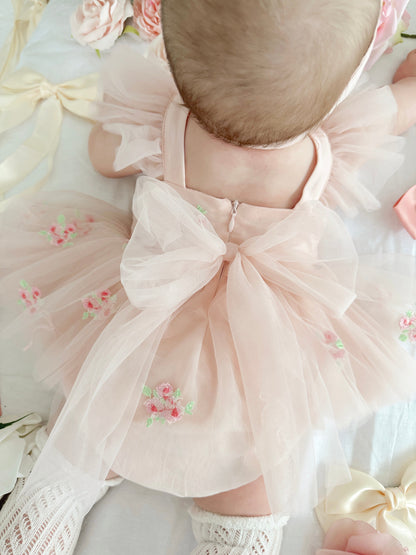 Belle Bow Perfect Pink Embroidered Baby Girl Tulle Party Romper