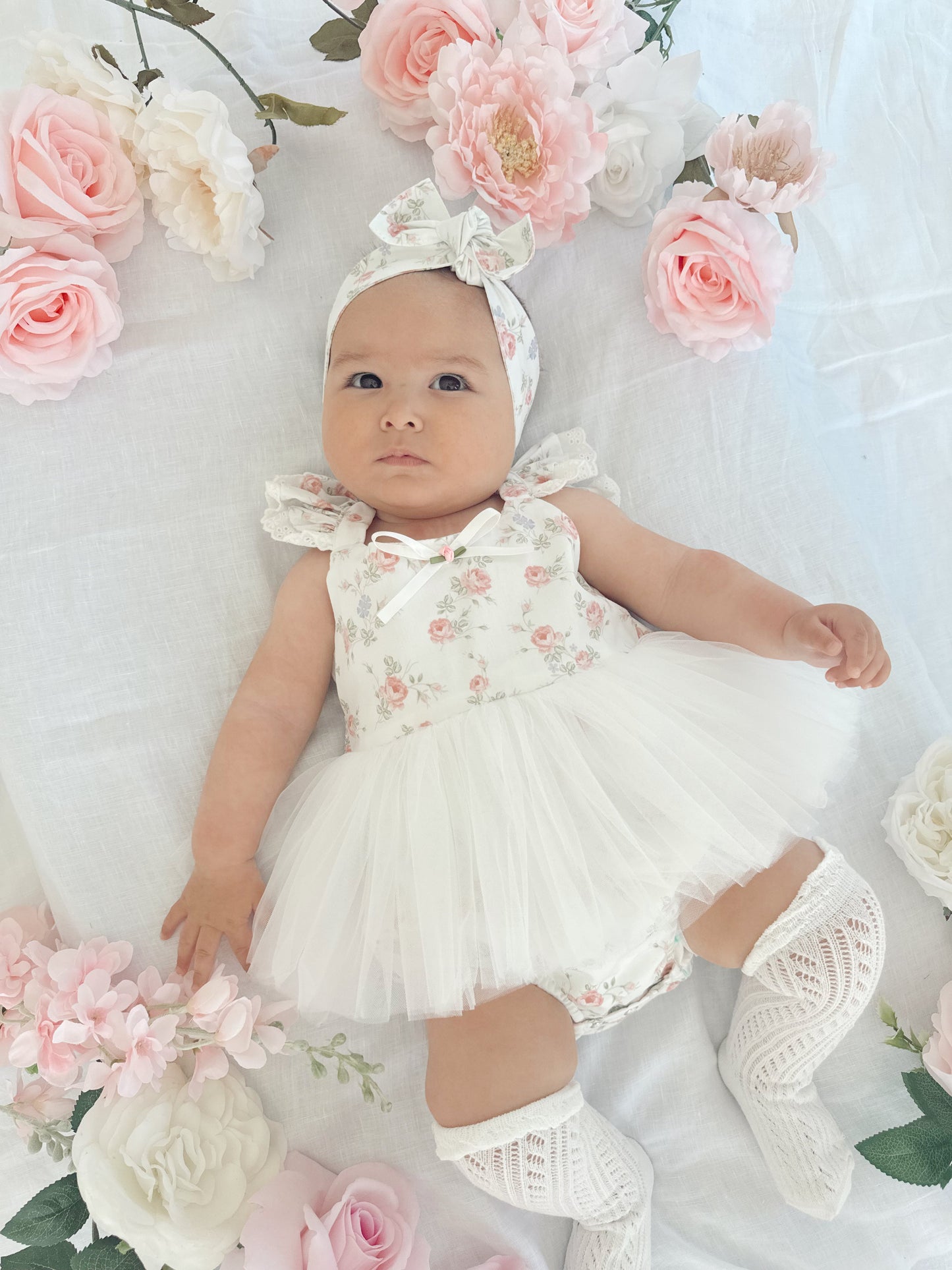 Cottage Fairy Baby Girl Floral White Tulle Party Romper