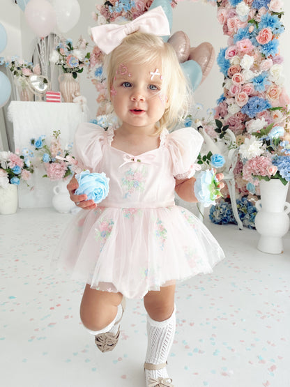 Peony Bloom Petal Pink Embroidered Baby Girl Tulle Party Romper