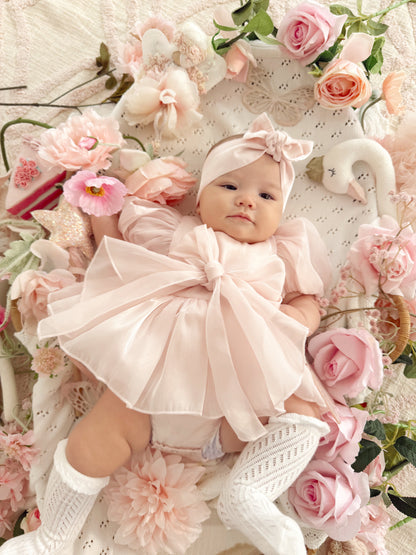 Scarlette Rose Petal Pink Organza Baby Girl Party Romper