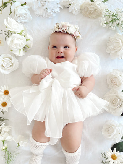 Clementine Matte White Organza Baby Girl Romper