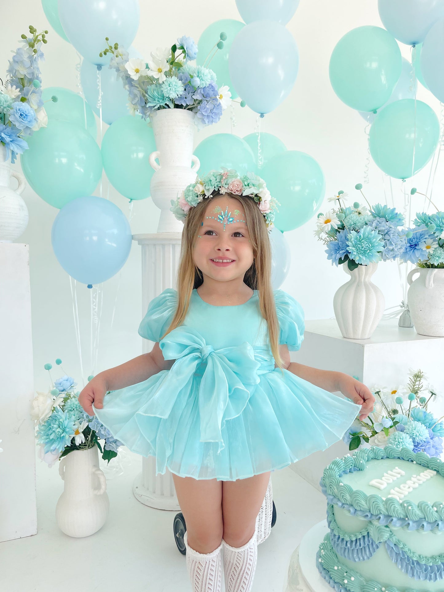 Dolly Turquoise Sky Organza Baby Girl Blue Party Romper