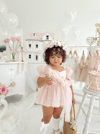 Swan Lake Ballerina Pink Embroidered Baby Girl Tulle Party Romper