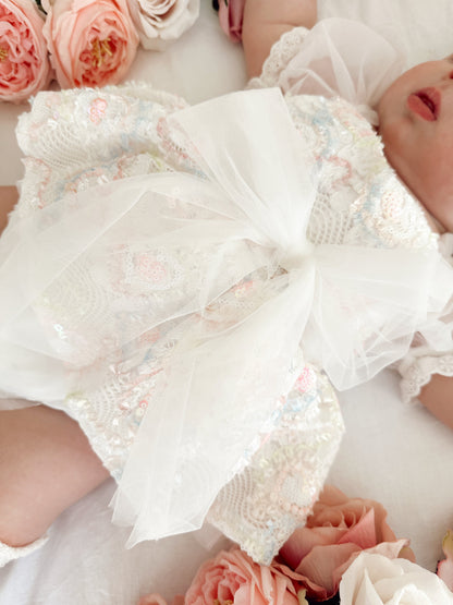 Josephine Lace Blossom Baby Girl Sequin White Tulle Party Romper