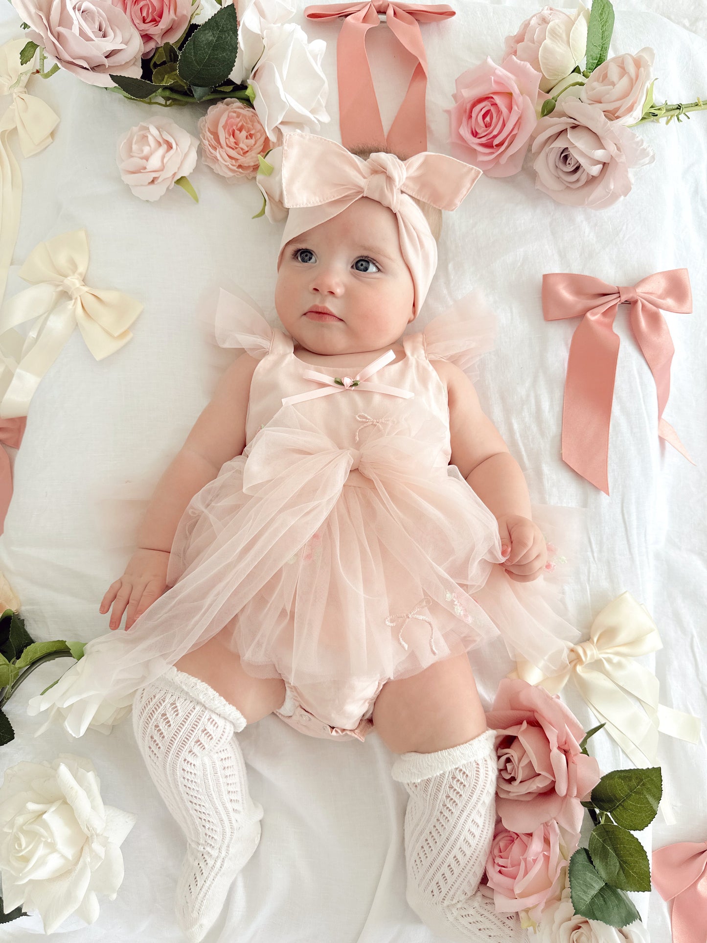 Belle Bow Perfect Pink Embroidered Baby Girl Tulle Party Romper