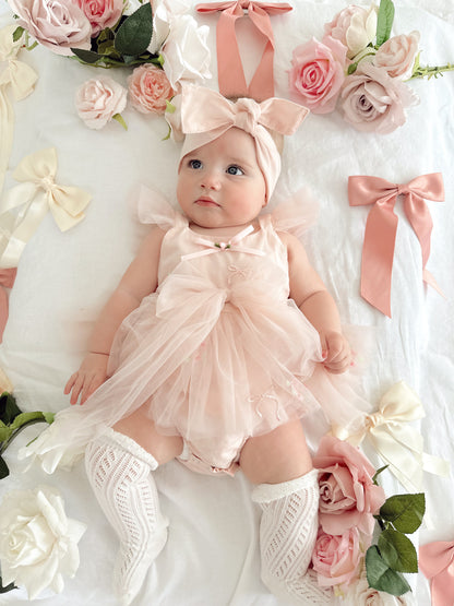Belle Bow Perfect Pink Embroidered Baby Girl Tulle Party Romper