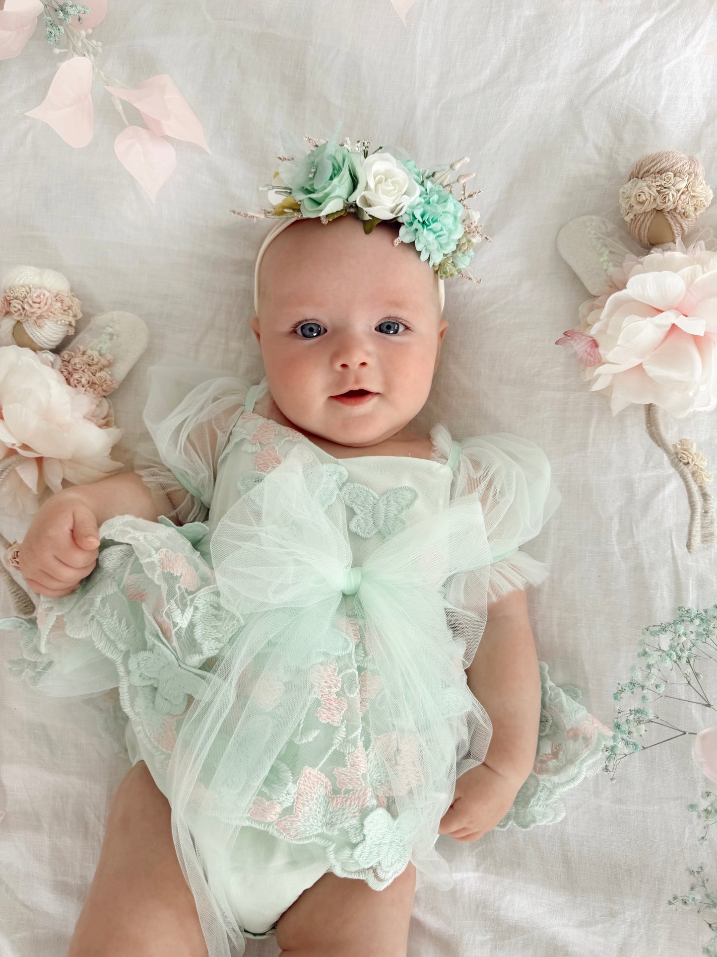 Butterfly Kisses Peppermint Pink Embroidered Baby Girl Tulle Party Romper