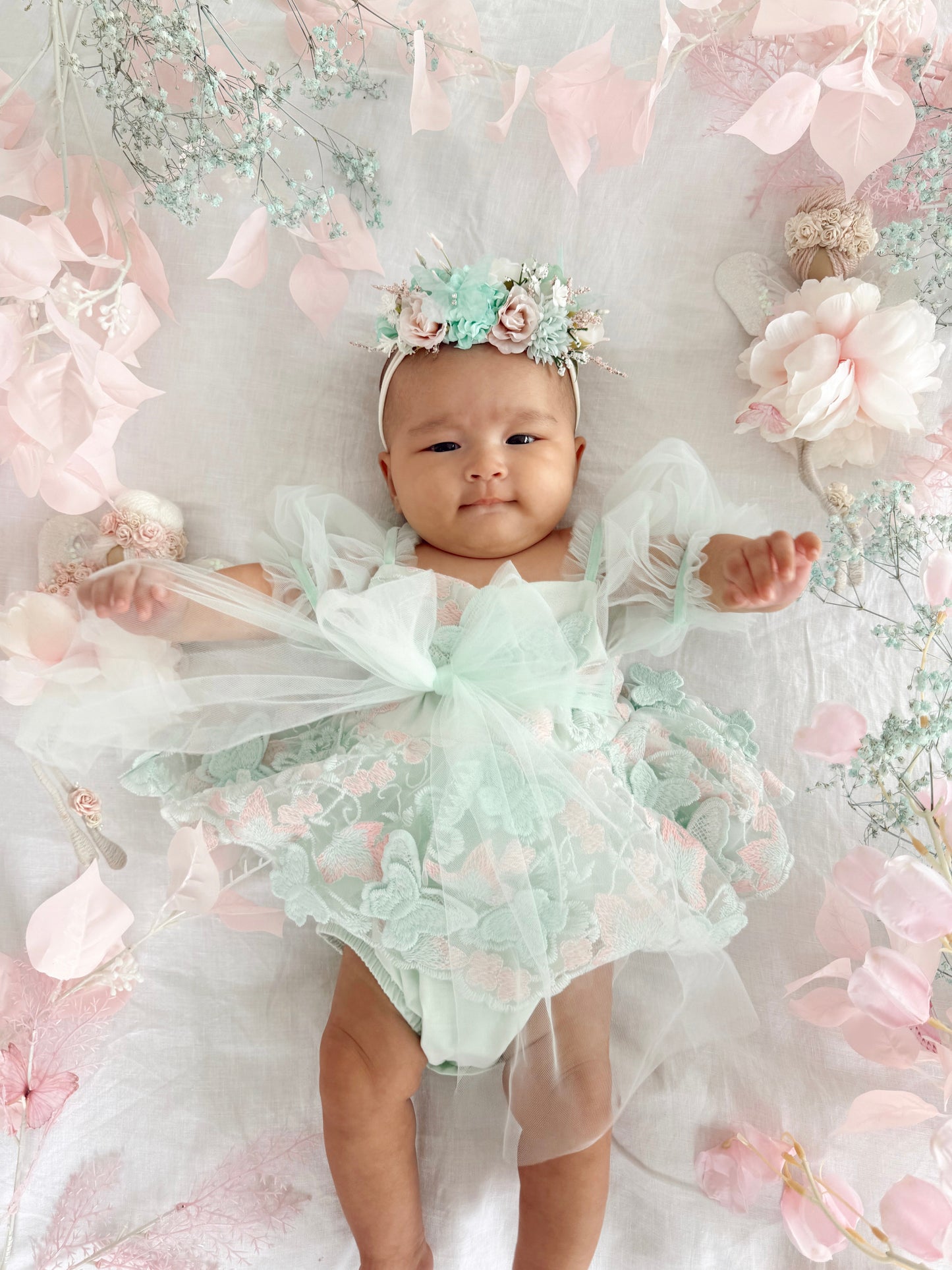 Butterfly Kisses Peppermint Pink Embroidered Baby Girl Tulle Party Romper