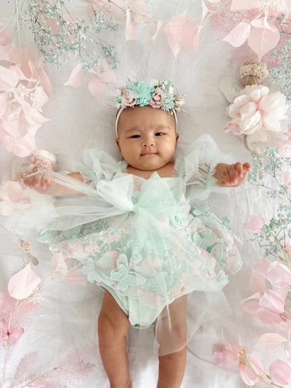 Butterfly Kisses Peppermint Pink Embroidered Baby Girl Tulle Party Romper